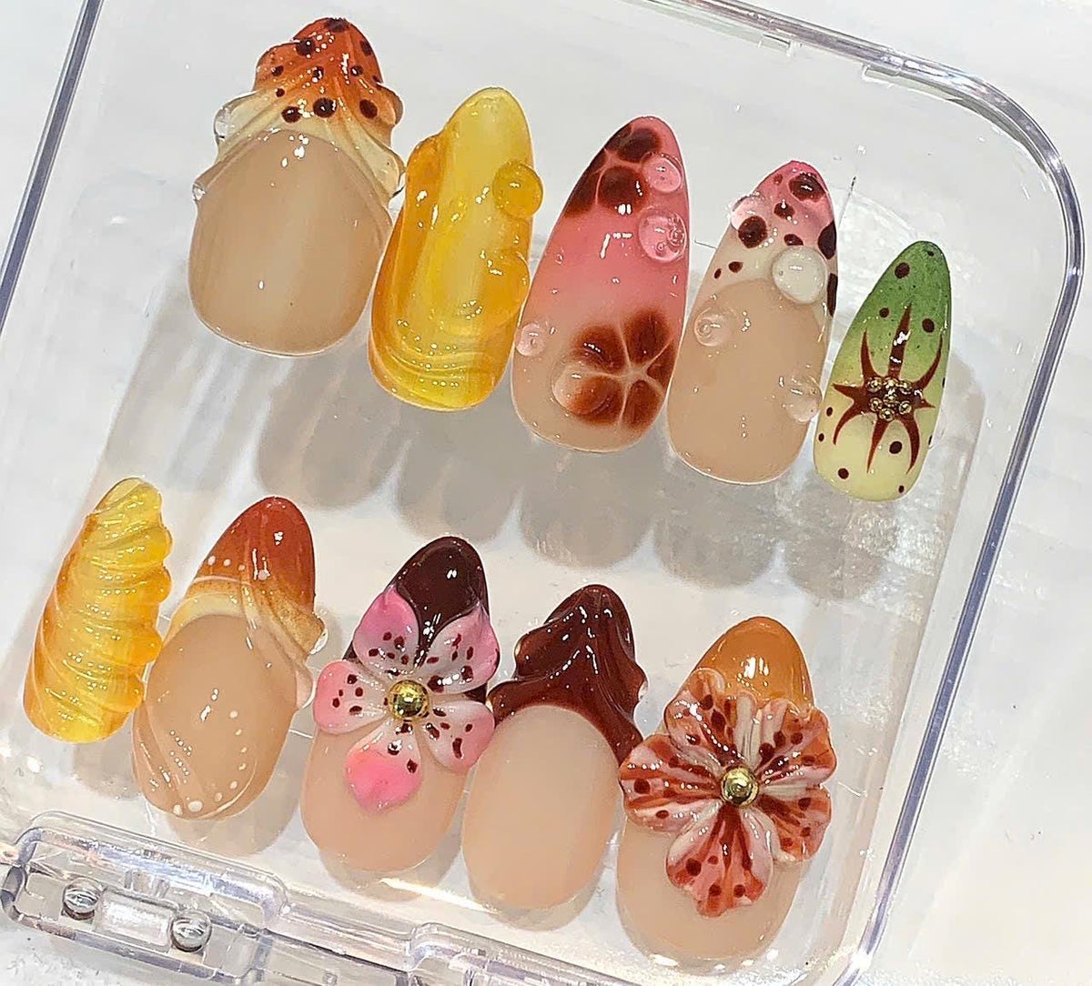 3D Floral Press On Nails - Red Jelly Autumn Nail Art Set - Luxury Handmade Nails