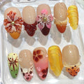 3D Floral Press On Nails - Red Jelly Autumn Nail Art Set - Luxury Handmade Nails