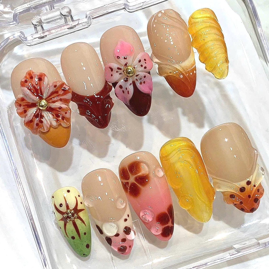 3D Floral Press On Nails - Red Jelly Autumn Nail Art Set - Luxury Handmade Nails