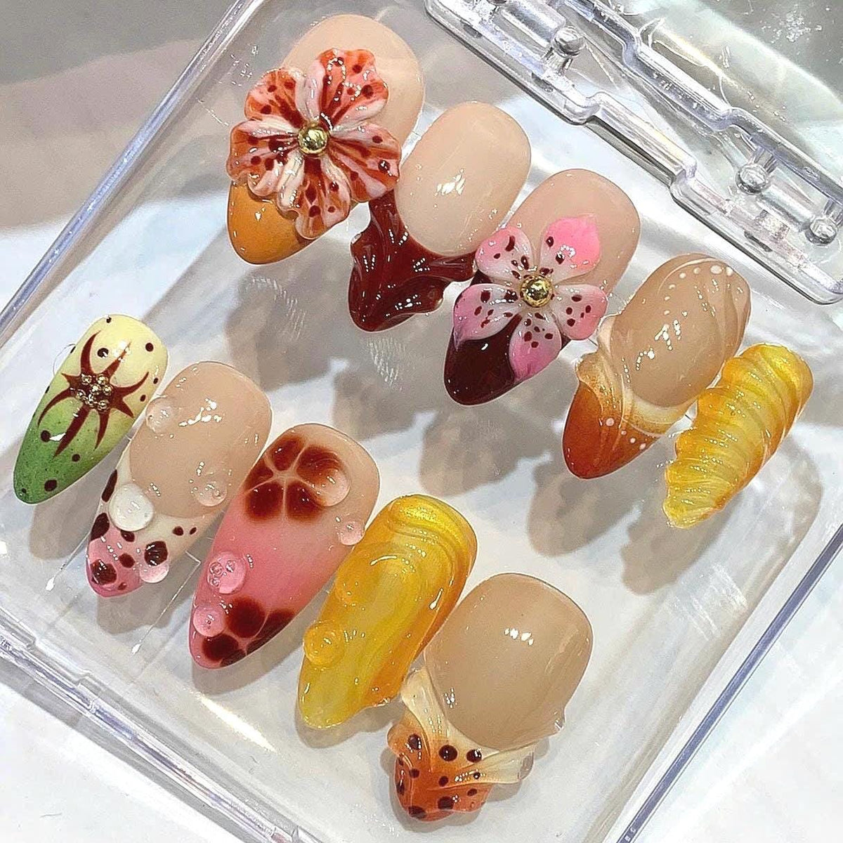 3D Floral Press On Nails - Red Jelly Autumn Nail Art Set - Luxury Handmade Nails