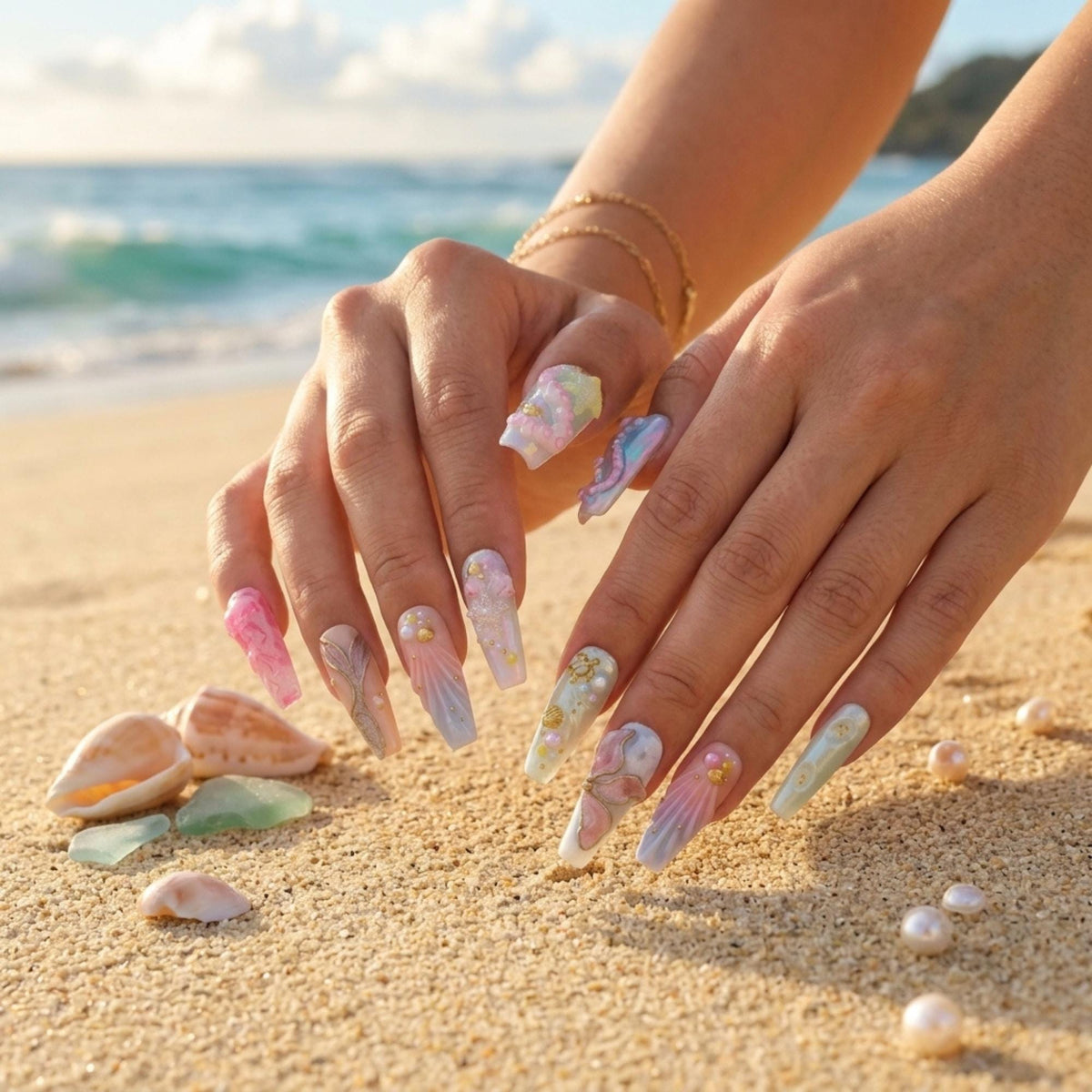 Fairycore Mermaid Press on Nails, 3D Seashell Pearl Ocean Art