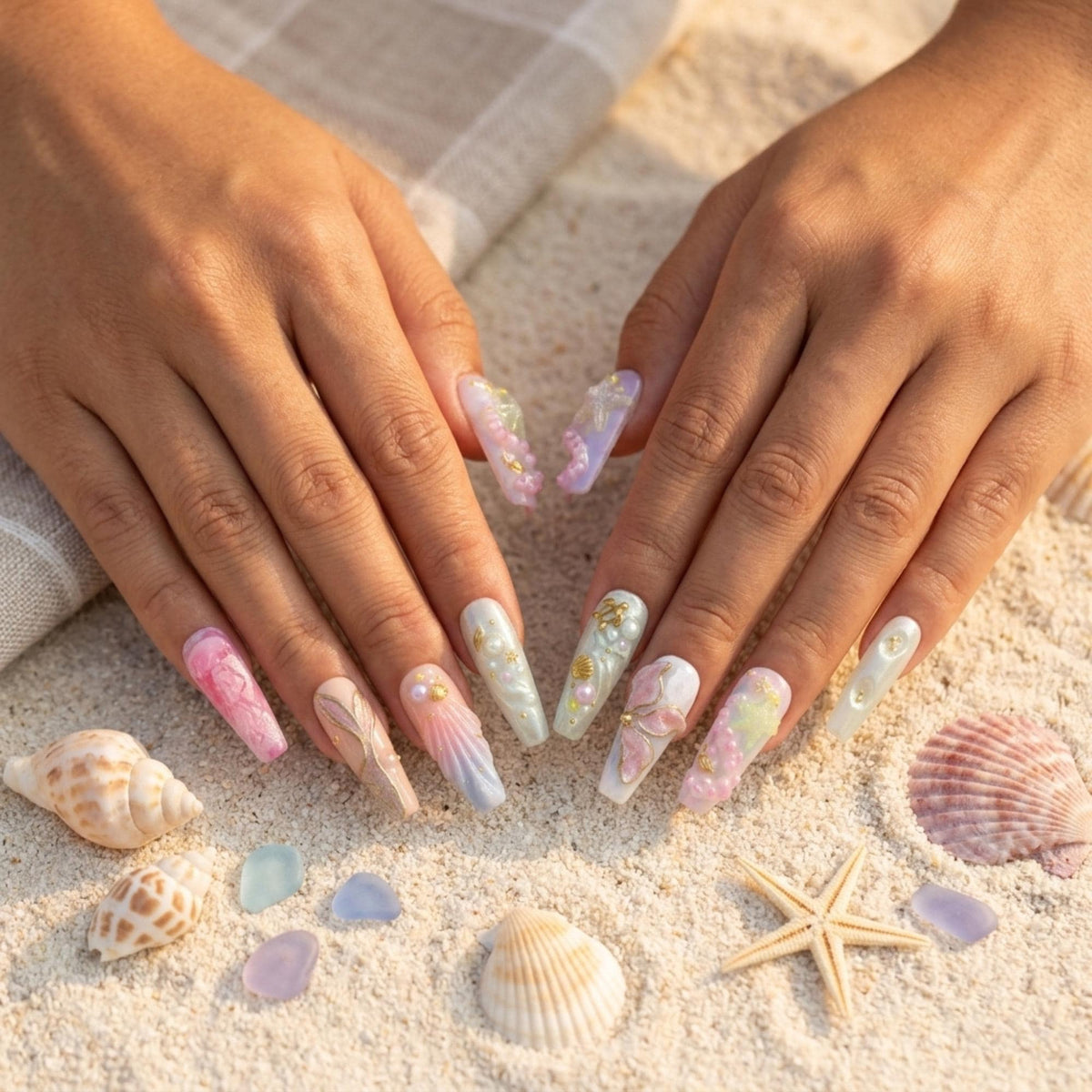 Fairycore Mermaid Press on Nails, 3D Seashell Pearl Ocean Art