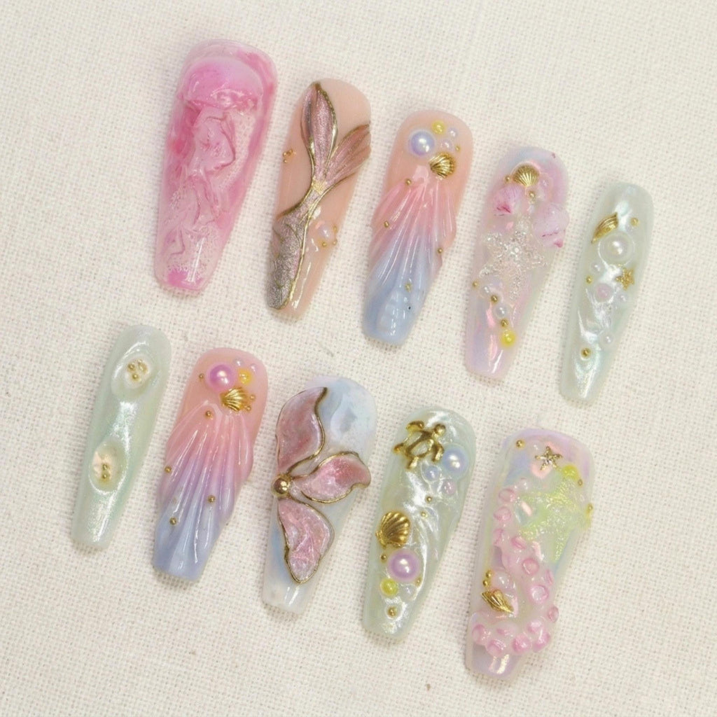 Fairycore Mermaid Press on Nails, 3D Seashell Pearl Ocean Art