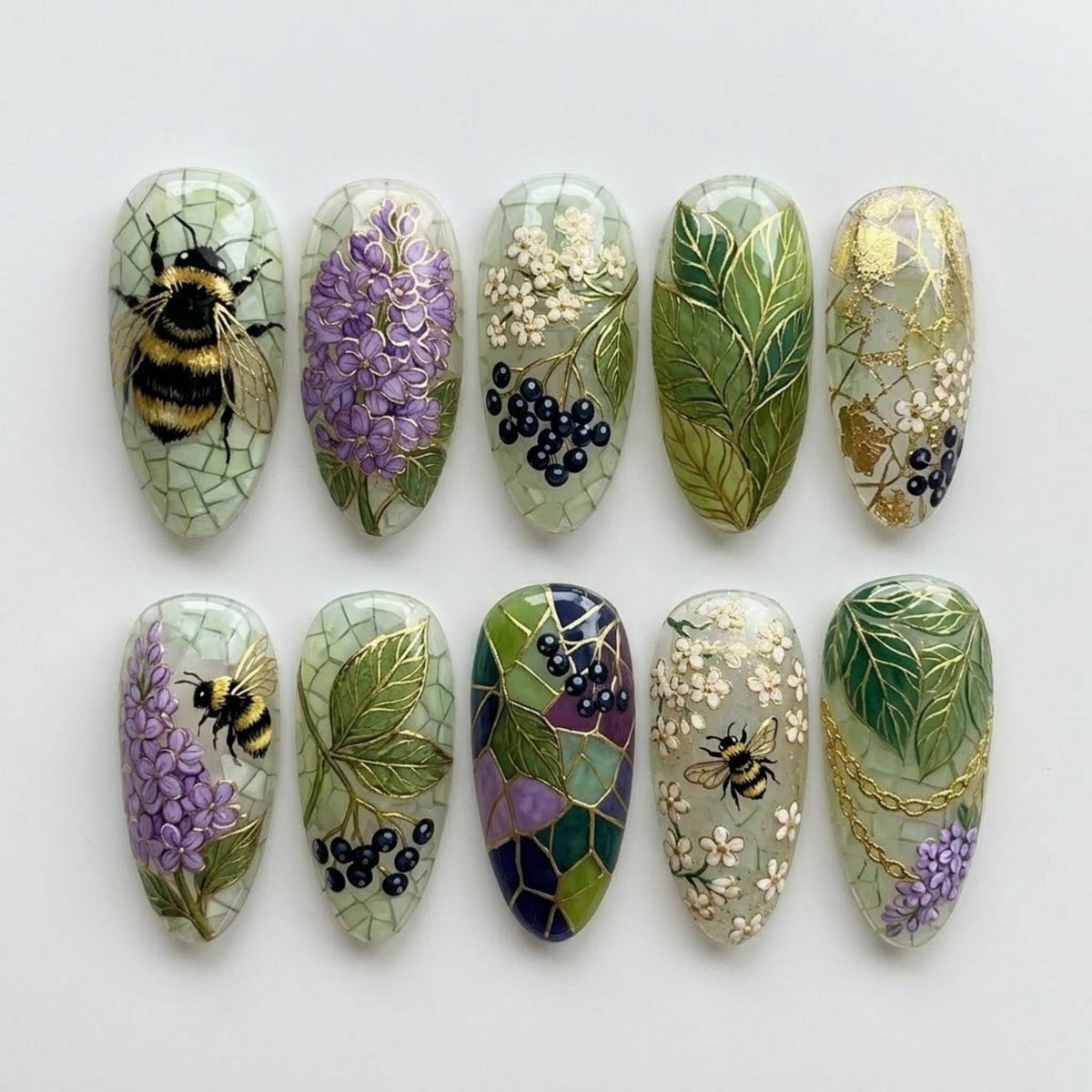 Bee Garden Press On Nails, Purple Lilac Flower Nails, Green Botanical Almond Nails, Gold Line Stained Glass Handmade Nail Set
