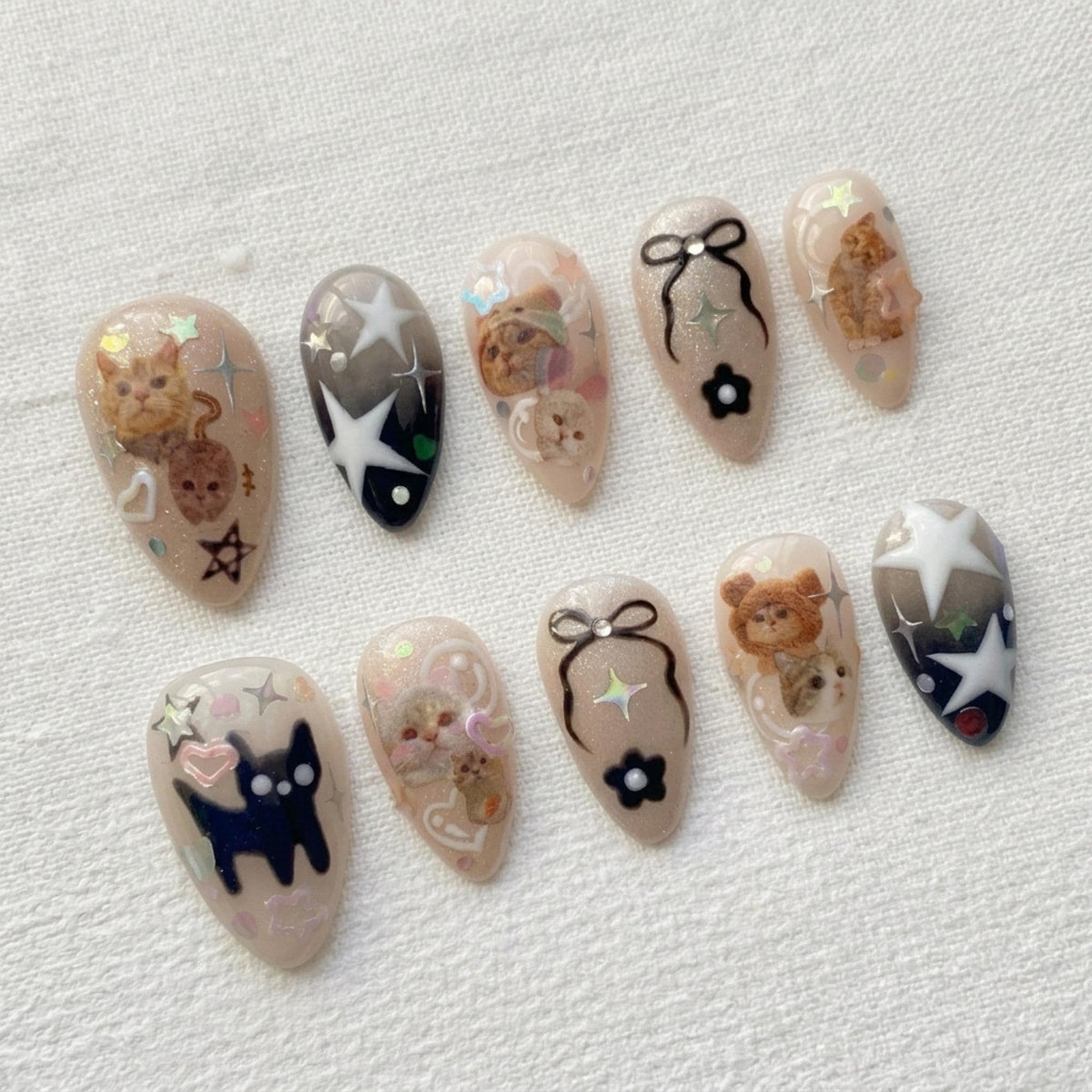 Kawaii Cat Press On Nails, 3D Coquette Kitten False Nails, Stars Bows (Handmade)