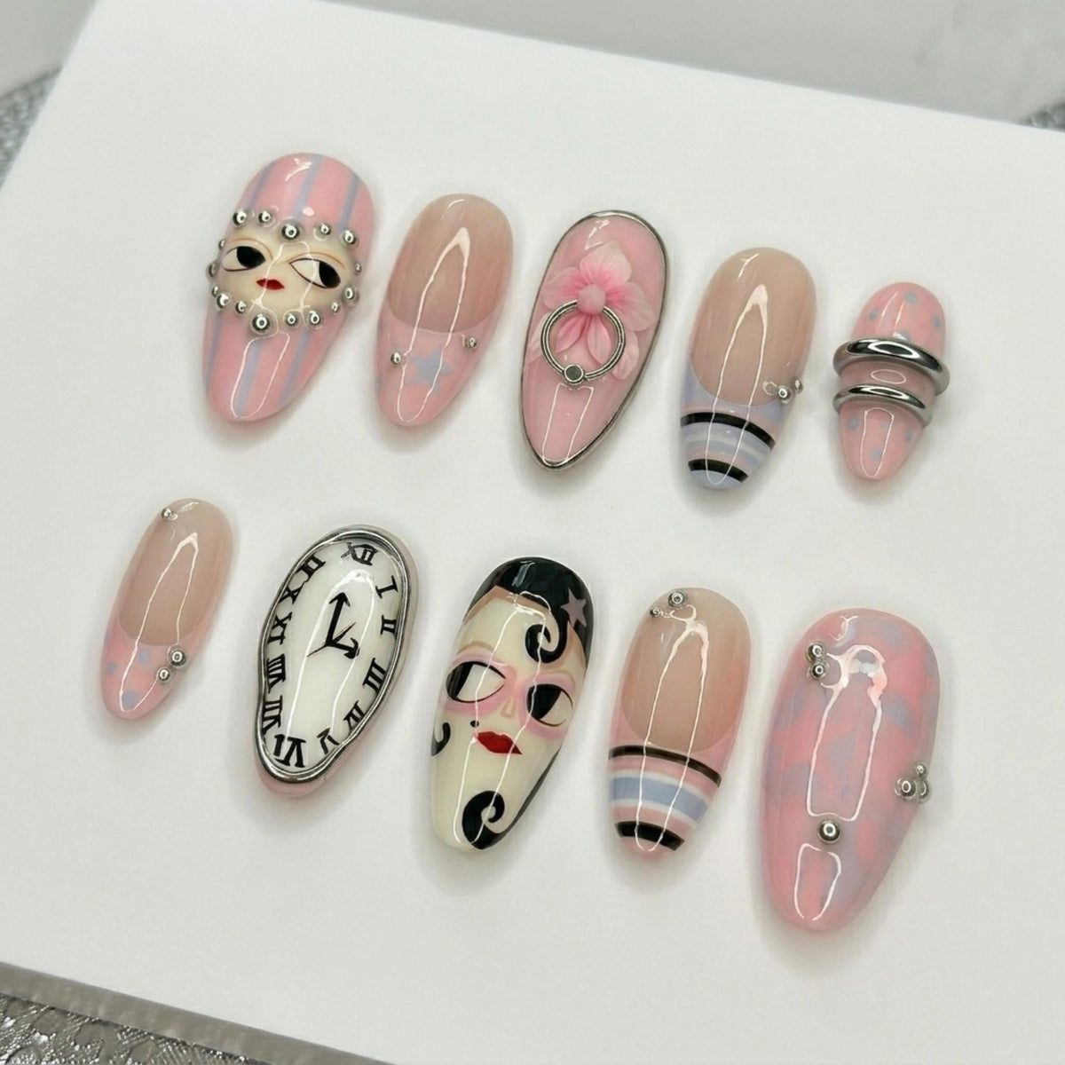 Surrealist Melting Clock Press On Nails, Cyber Pink Punk 3D Nail Art