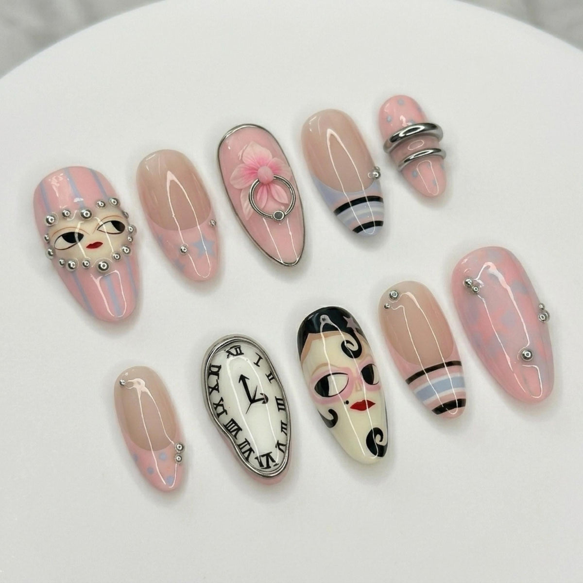 Surrealist Melting Clock Press On Nails, Cyber Pink Punk 3D Nail Art