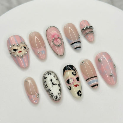 Surrealist Melting Clock Press On Nails, Cyber Pink Punk 3D Nail Art