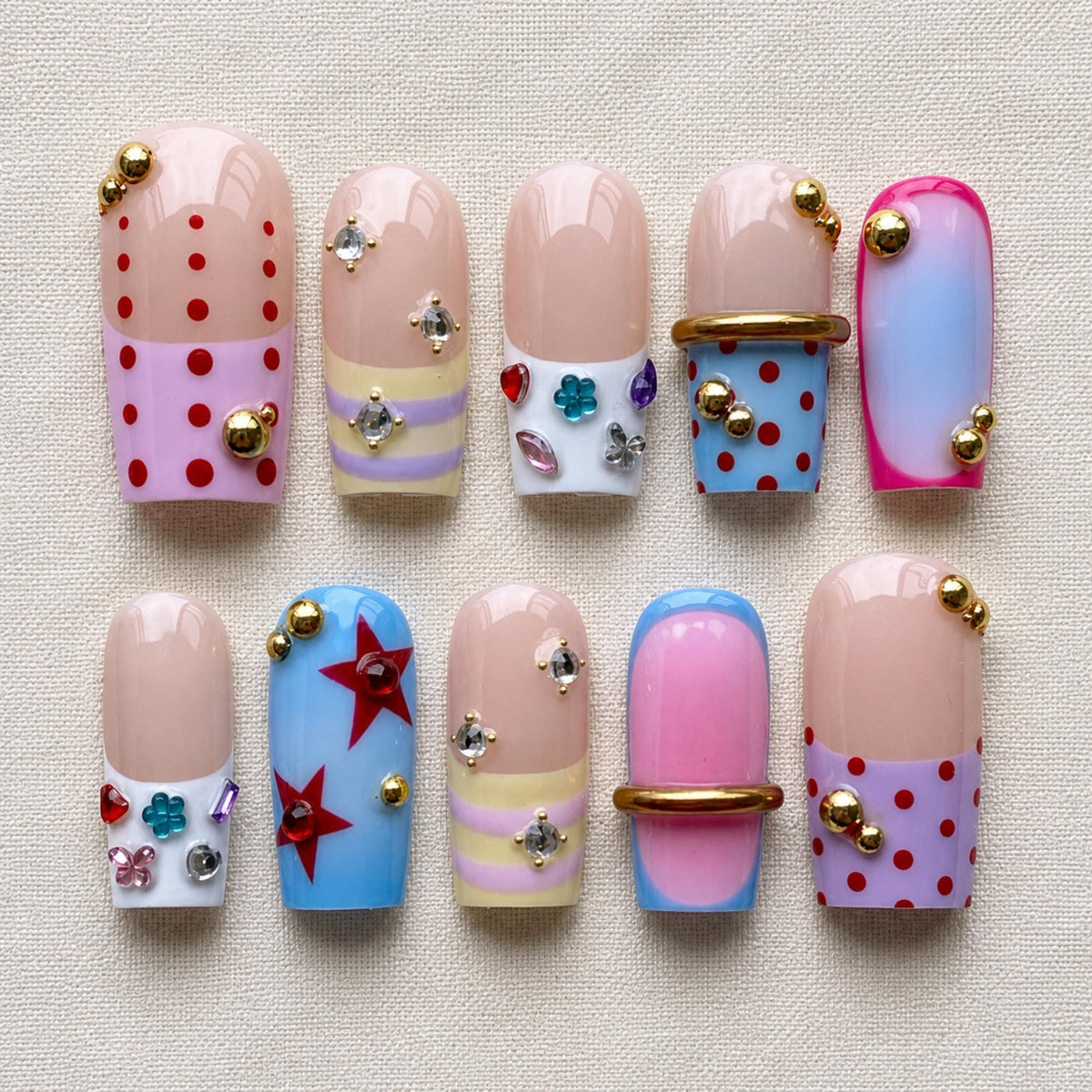 Y2K Polka Dot Press On Nails, Pastel Star Kawaii Nail Set