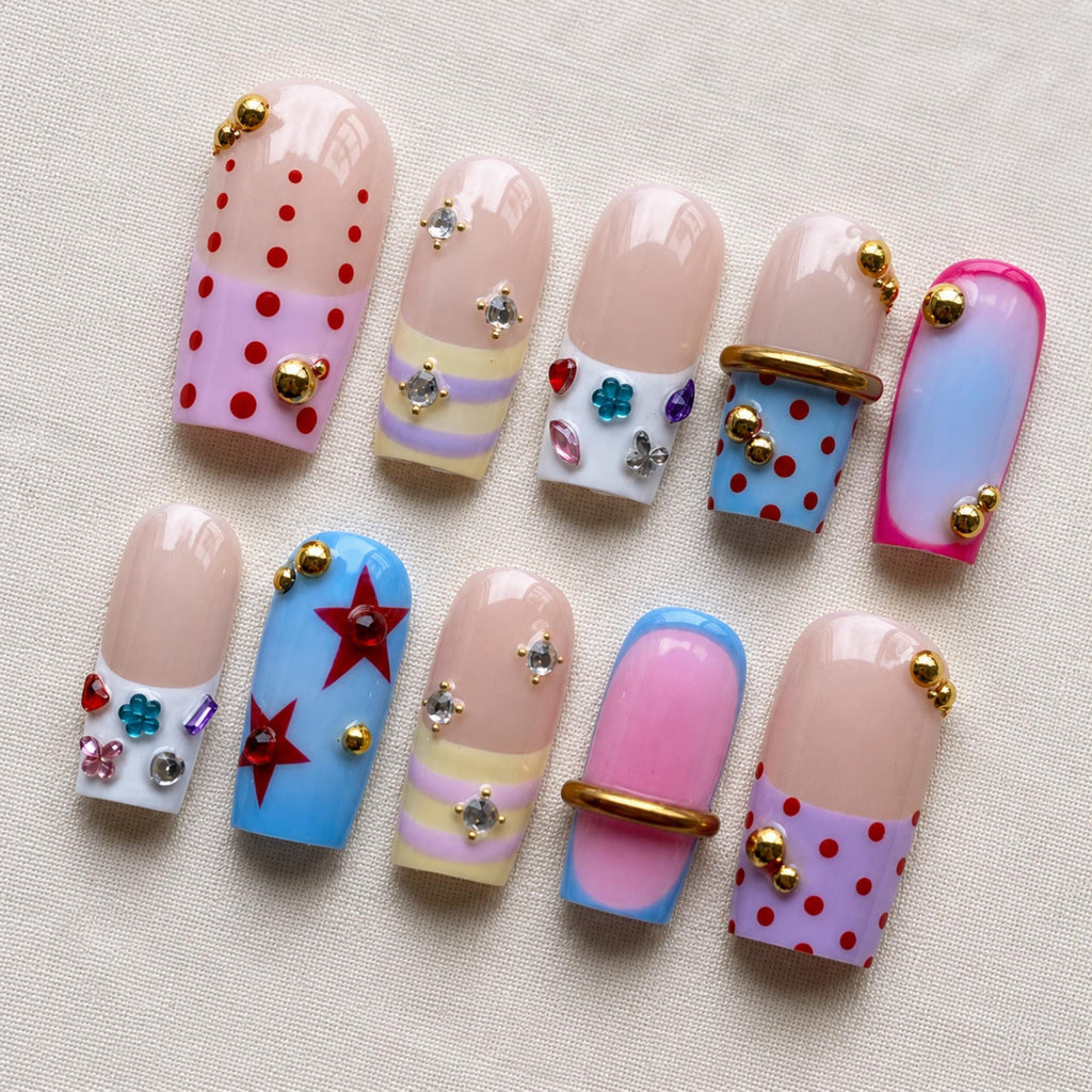 Y2K Polka Dot Press On Nails, Pastel Star Kawaii Nail Set