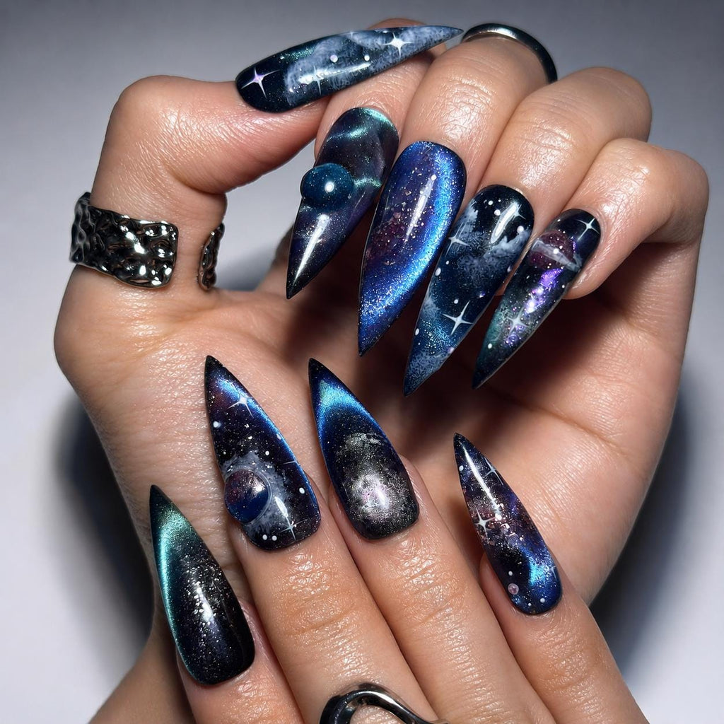 Galaxy Cosmic  Press On Nails, Handmade Space Nail Set Celestial Stiletto Nails Cosmic Starry Sky False Nails Gift for Women | JB418LG