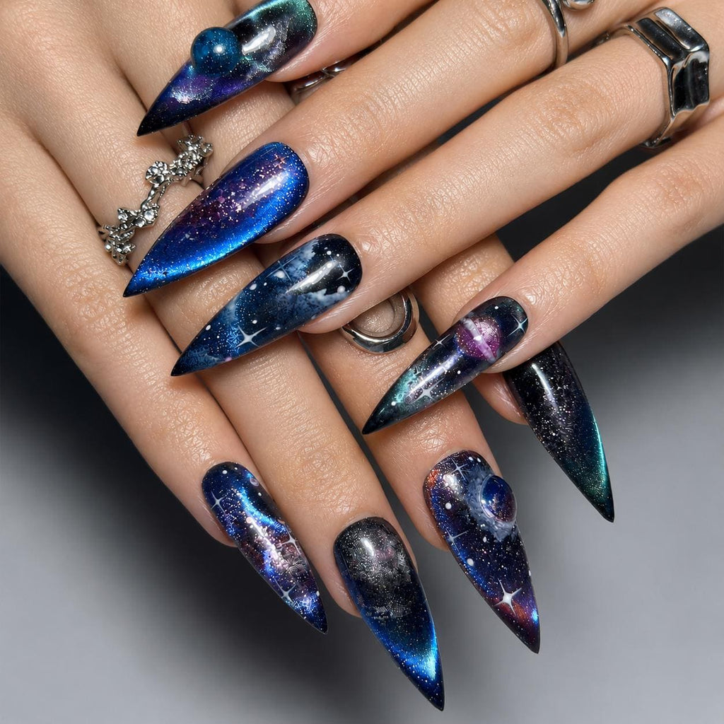Galaxy Cosmic  Press On Nails, Handmade Space Nail Set Celestial Stiletto Nails Cosmic Starry Sky False Nails Gift for Women | JB418LG