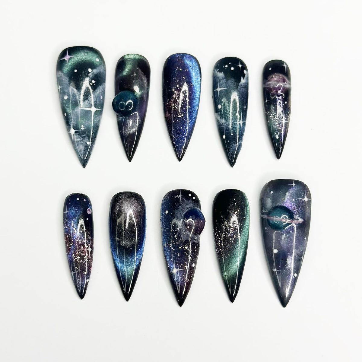 Galaxy Cosmic  Press On Nails, Handmade Space Nail Set Celestial Stiletto Nails Cosmic Starry Sky False Nails Gift for Women | JB418LG