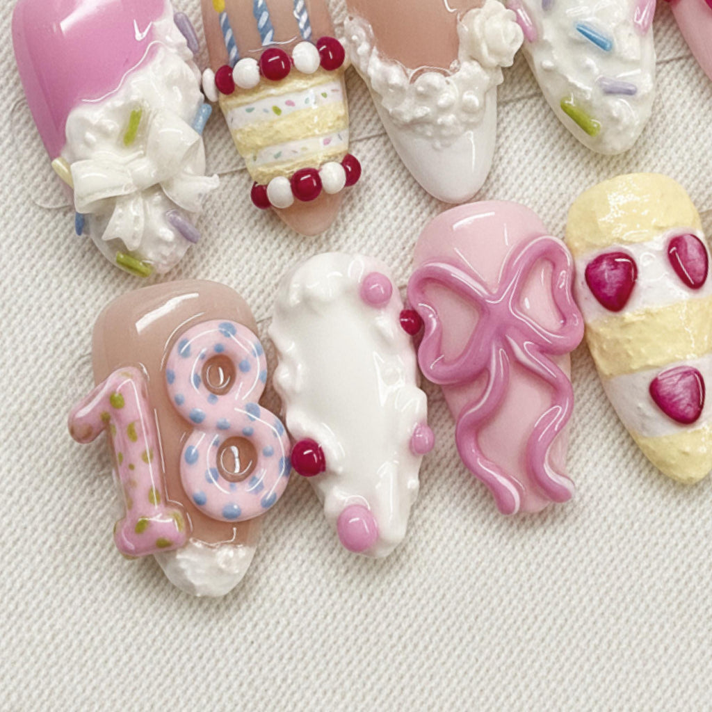 3D Birthday Cake Press On Nails, Kawaii Dessert Nails, Pink Bow Set