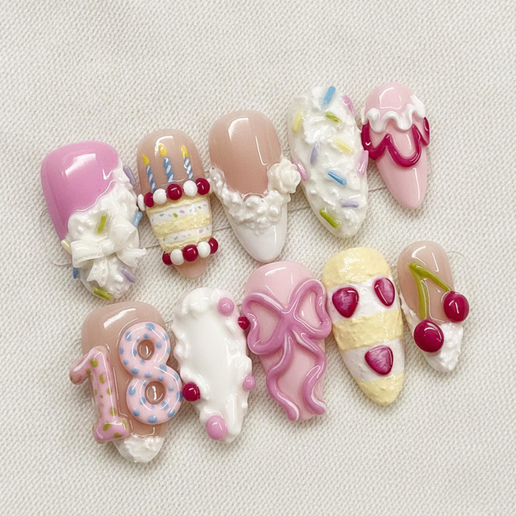 3D Birthday Cake Press On Nails, Kawaii Dessert Nails, Pink Bow Set