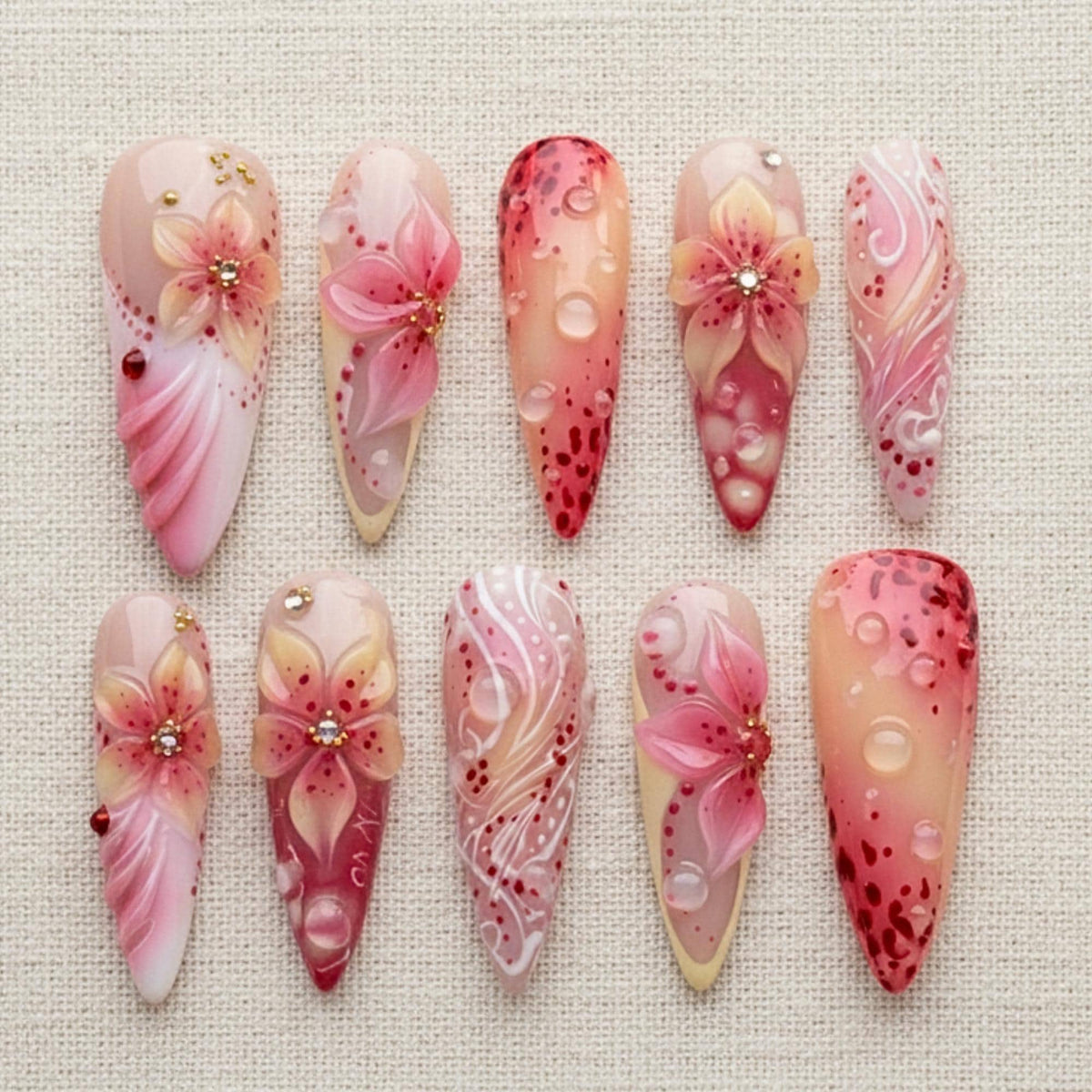 3D Flower Press On Nails: Pink Floral Fake Nails, Coquette Cherry Blossom