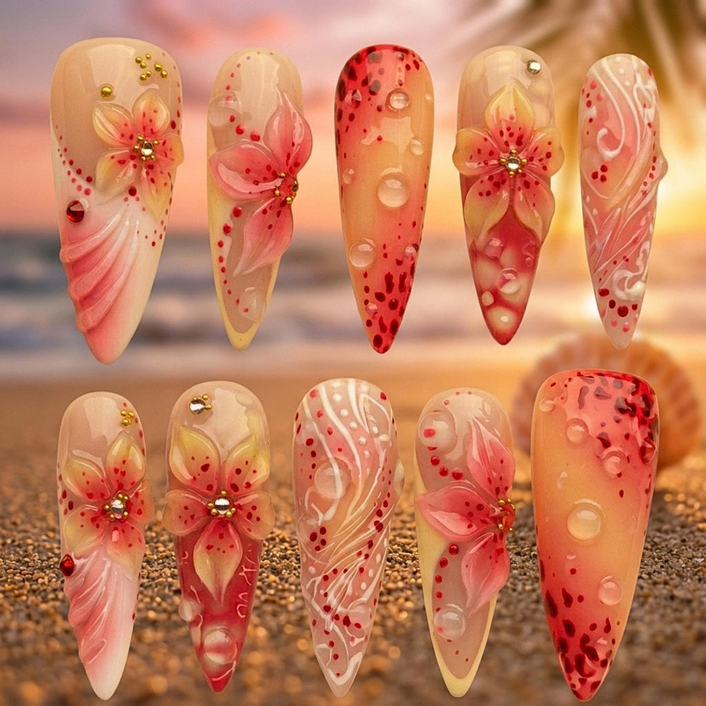 3D Flower Press On Nails: Pink Floral Fake Nails, Coquette Cherry Blossom