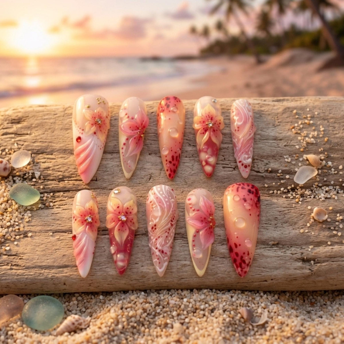 3D Flower Press On Nails: Pink Floral Fake Nails, Coquette Cherry Blossom
