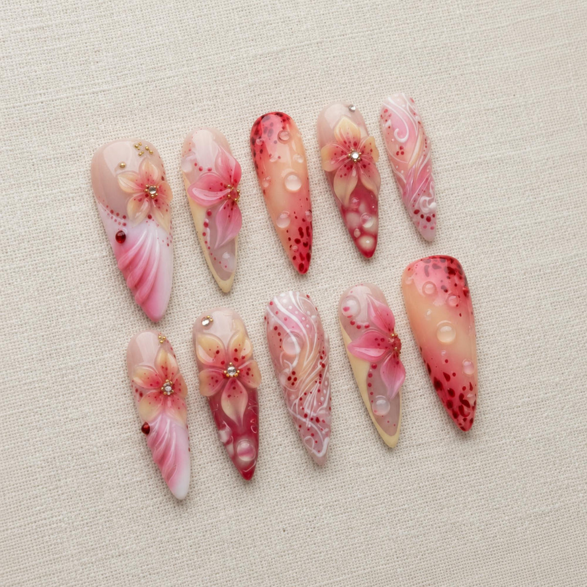 3D Flower Press On Nails: Pink Floral Fake Nails, Coquette Cherry Blossom