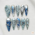 Blue Silver Chrome Press On Nails with 3D Cyber Butterfly Wing Art
