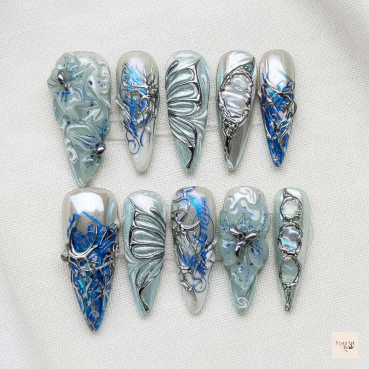 Blue Silver Chrome Press On Nails with 3D Cyber Butterfly Wing Art