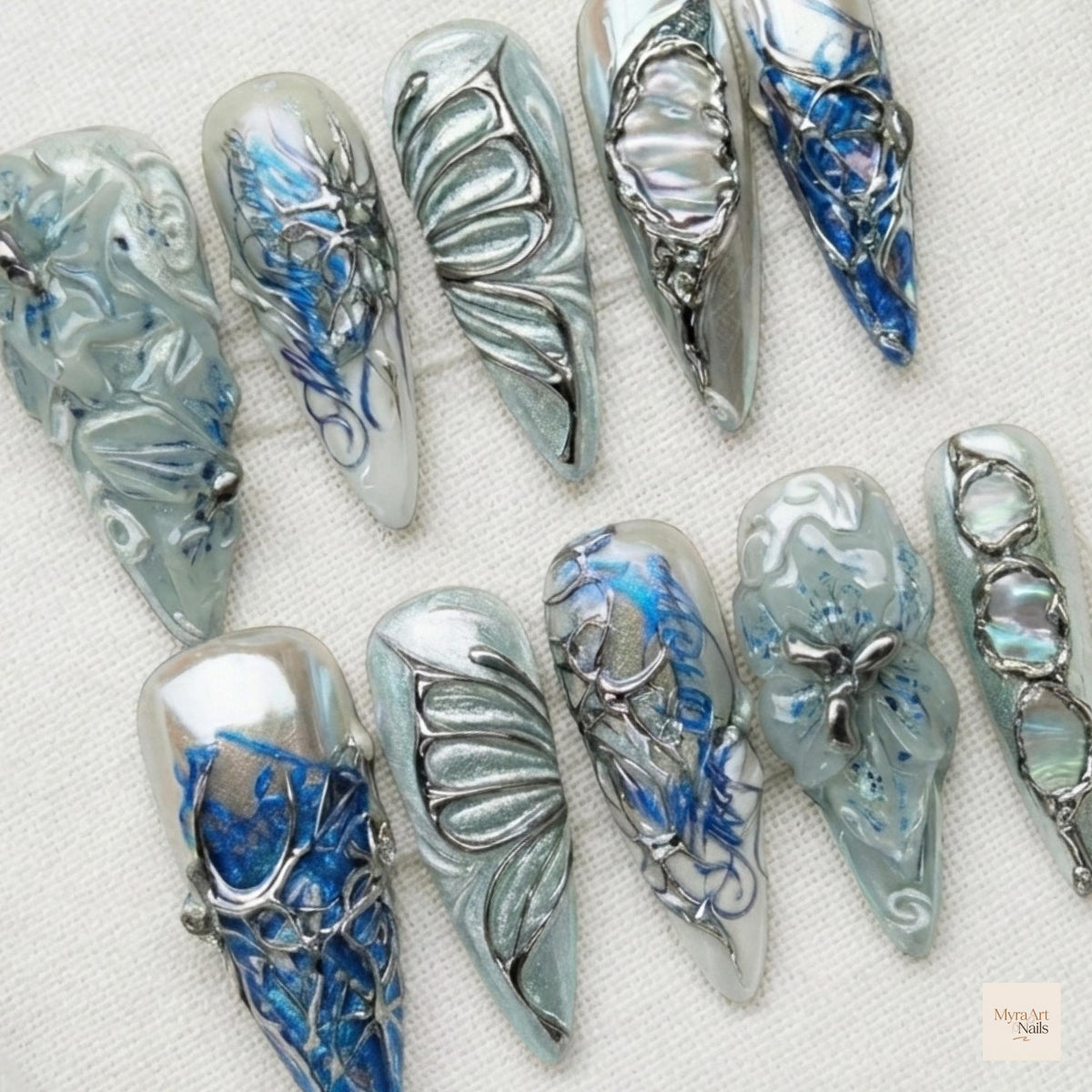 Blue Silver Chrome Press On Nails with 3D Cyber Butterfly Wing Art