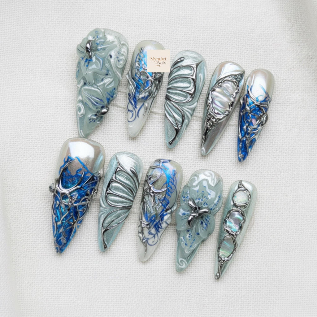 Blue Silver Chrome Press On Nails with 3D Cyber Butterfly Wing Art