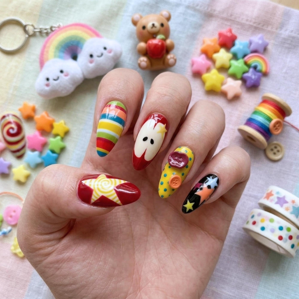 Retro Kawaii Press On Nails, Colorful Star Swirl Nail Set