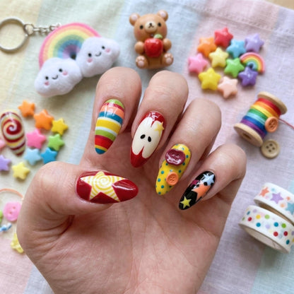 Retro Kawaii Press On Nails, Colorful Star Swirl Nail Set