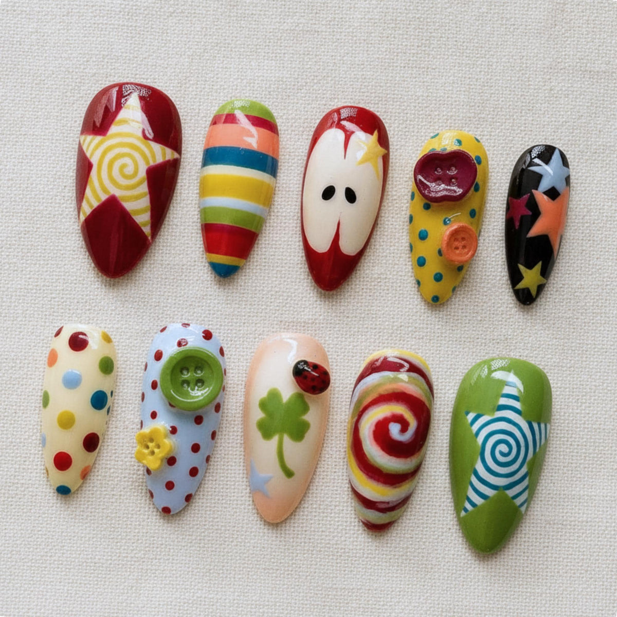 Retro Kawaii Press On Nails, Colorful Star Swirl Nail Set
