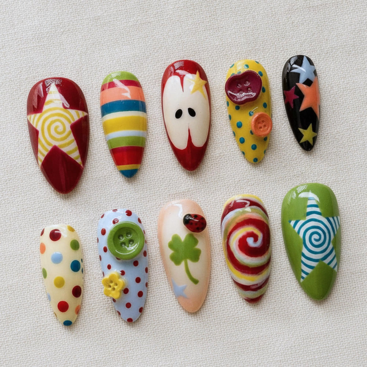 Retro Kawaii Press On Nails, Colorful Star Swirl Nail Set