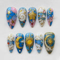 Celestial Sky Press On Nails | Dreamy Pastel Stained Glass Long Almond Nails | Sun, Moon, Cloud, Star & Gem Nails | Fantasy Set