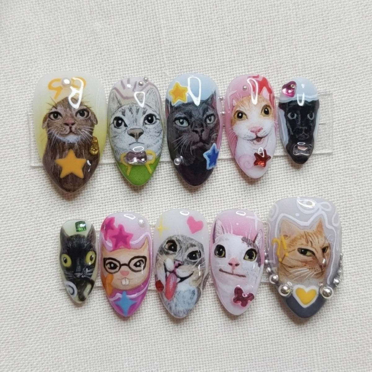 Kawaii Cat Press On Nails, Custom Pet Portrait Nail Set