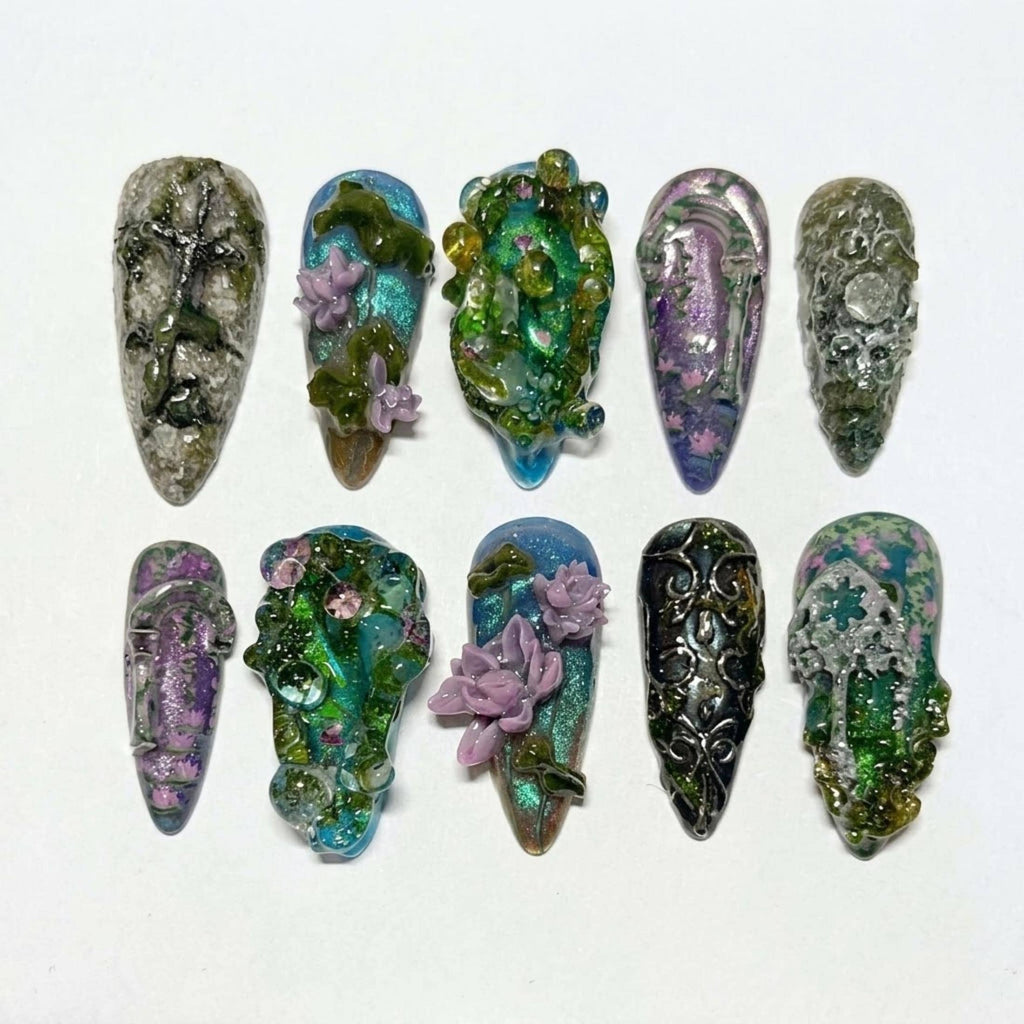 Handmade Mystic Forest Press On Nails | Mossy Stone Face, 3D Floral Vine & Ruins Design | Dark Fairycore Nail Set