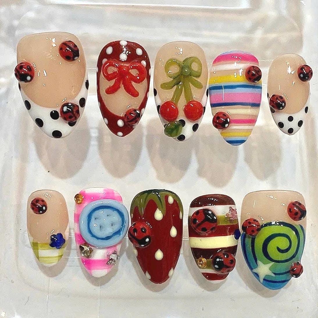 Ladybug Cherry Bow Nails | Whimsical Retro Press Ons (Handmade)