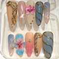 3D Hibiscus Flower Press On Nails | Coastal Mermaid Seashell Set