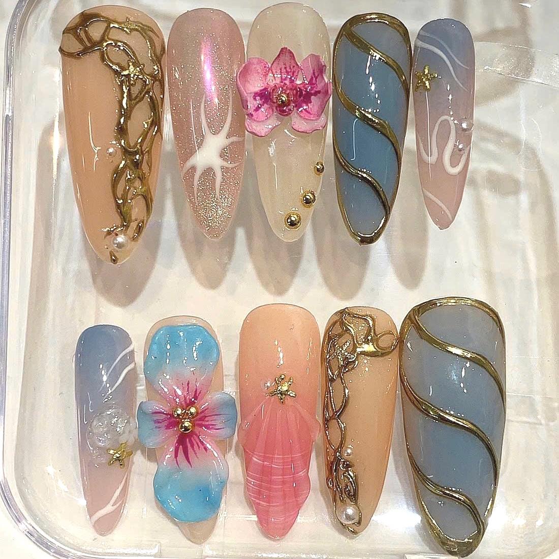 3D Hibiscus Flower Press On Nails | Coastal Mermaid Seashell Set