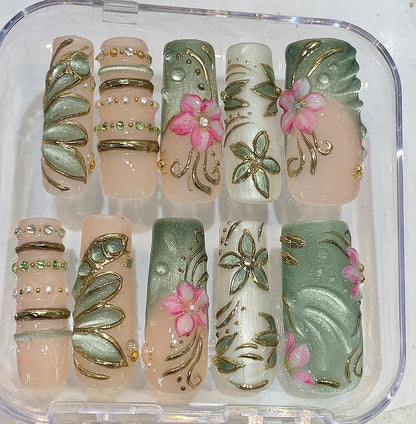Green Floral Cat Eye Press On Nails, 3D Gold Leaf Art, Luxury Spring Garden