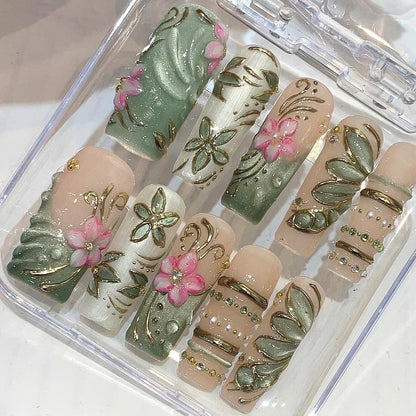 Green Floral Cat Eye Press On Nails, 3D Gold Leaf Art, Luxury Spring Garden
