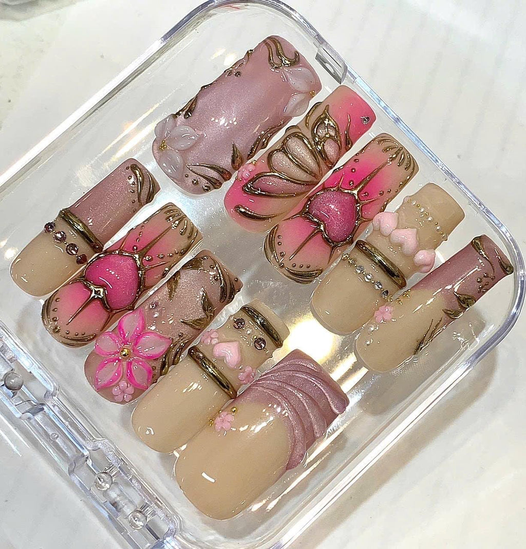 Pink Ombre Heart Press On Nails, 3D Flower Gold Outline Art, Luxury Coquette Style