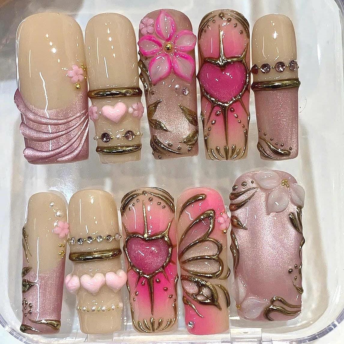 Pink Ombre Heart Press On Nails, 3D Flower Gold Outline Art, Luxury Coquette Style