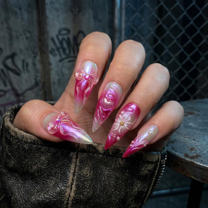 Pink Chrome Press On Nails, 3D Flower Fairycore Nail Art
