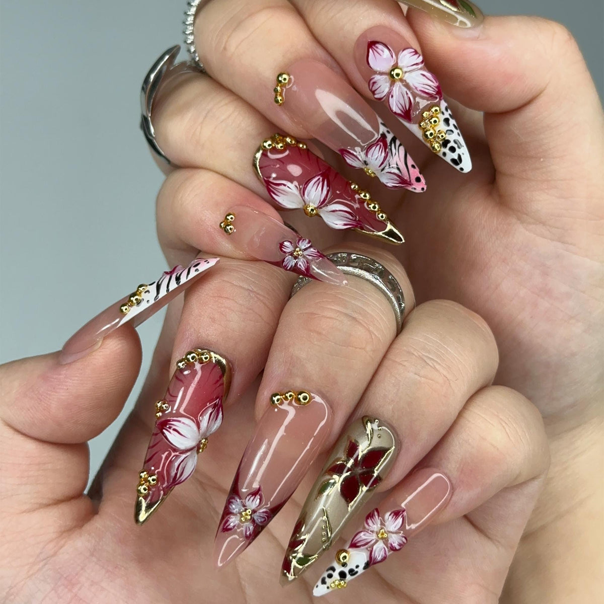 Burgundy Press On Nails Summer | Luxury Gyaru Stiletto Nails | 3D Flower Leopard Print Fake Nails | Dark Coquette Autumn Gift| JB409LK