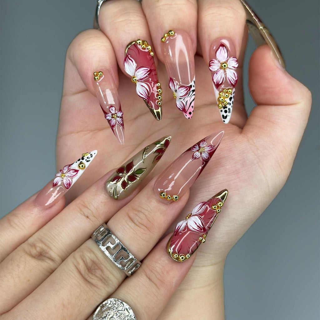 Burgundy Press On Nails Summer | Luxury Gyaru Stiletto Nails | 3D Flower Leopard Print Fake Nails | Dark Coquette Autumn Gift| JB409LK