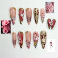 Burgundy Press On Nails Summer | Luxury Gyaru Stiletto Nails | 3D Flower Leopard Print Fake Nails | Dark Coquette Autumn Gift| JB409LK