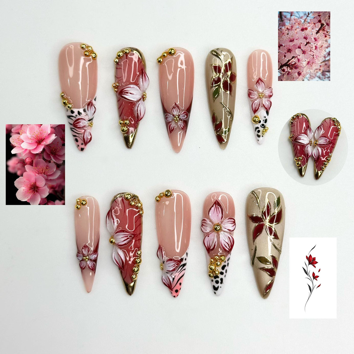 Burgundy Press On Nails Summer | Luxury Gyaru Stiletto Nails | 3D Flower Leopard Print Fake Nails | Dark Coquette Autumn Gift| JB409LK