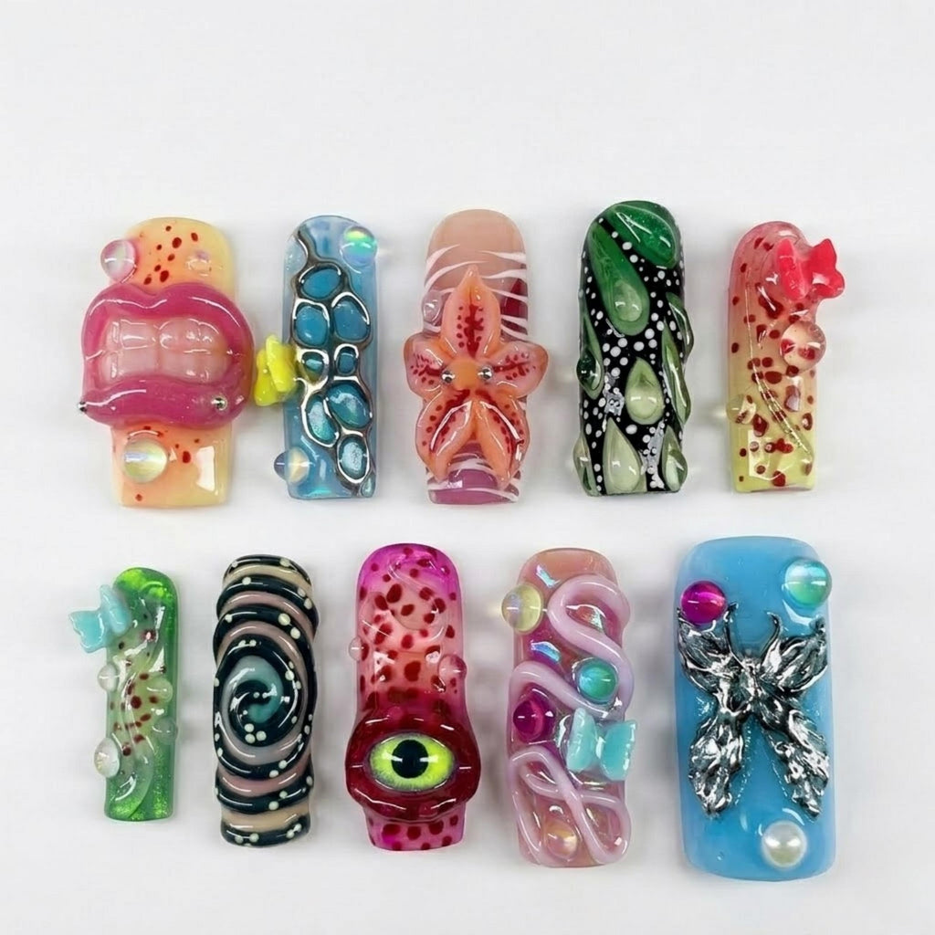 Y2K Weirdcore Press On Nails, 3D Lips Eye Flower Nail Set, Abstract Butterfly Chrome Nails, Handmade Gel Nails