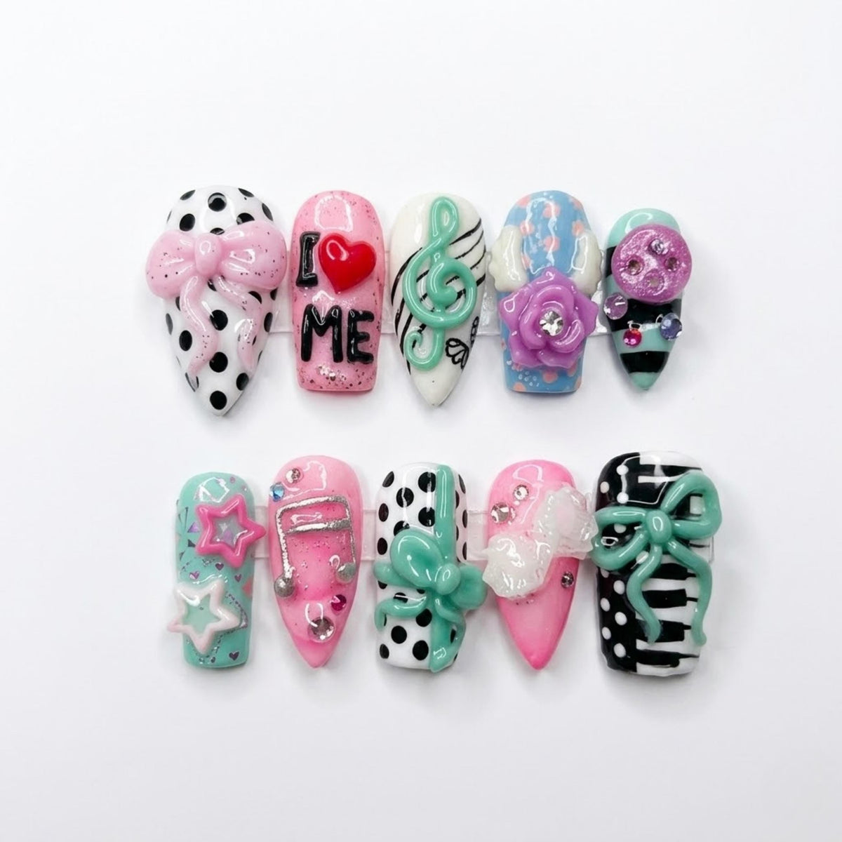 Y2K Music Press On Nails, Cute Pastel Nail Set, 3D Bow Button Star Nails, Pink Mint Kawaii Handmade Gel Nails