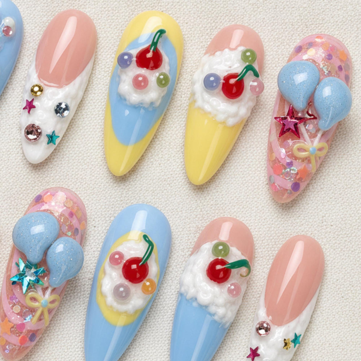 Kawaii Birthday Press On Nails, Cherry Dessert Nail Set