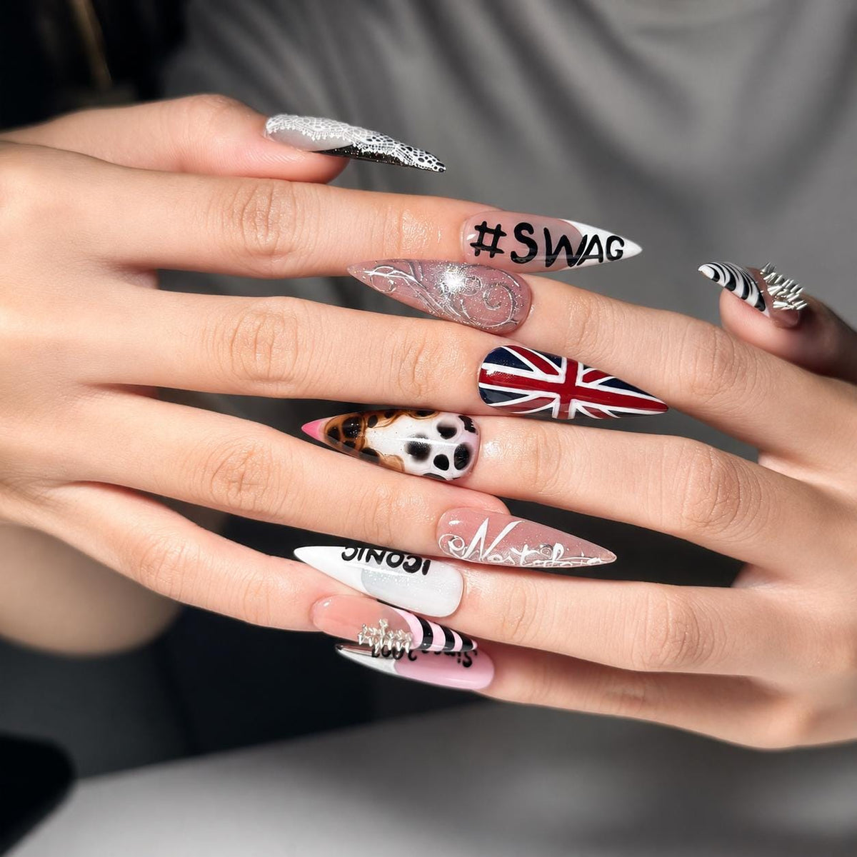 4th of July Press On Nails Long Stiletto • USA Holiday Look •Red White Blue Animal Print Stiletto Fake Nails|  JB421LC